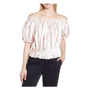 Lewit Linen Viscose White & Red Striped Puff Sleeve Peplum Summer  Top Large